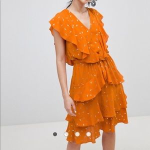ASOS Y.A.S metallic print ruffle midi dress orange